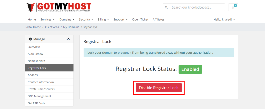 How to Enable & Disable Domain Registrar-Lock | | Gotmyhost