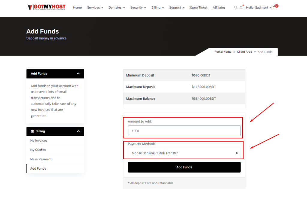How to add funds to your account | | Gotmyhost