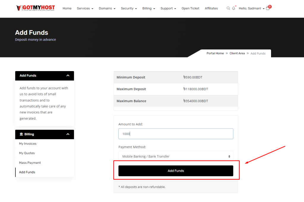 How to add funds to your account | | Gotmyhost