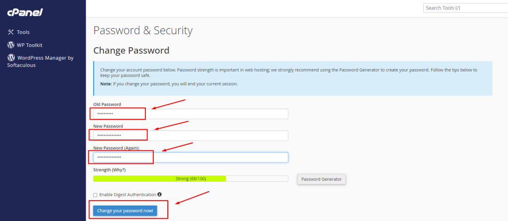 How to change the cPanel password | | Gotmyhost