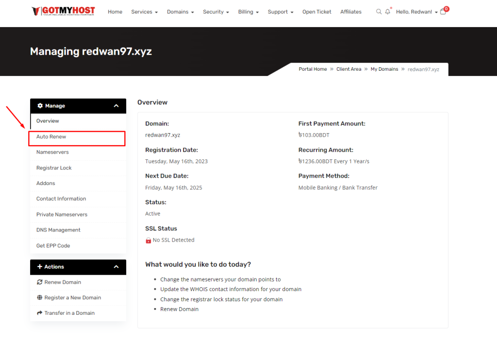 Enable & Disable Domain Auto-Renewal Service in the client area | | Gotmyhost