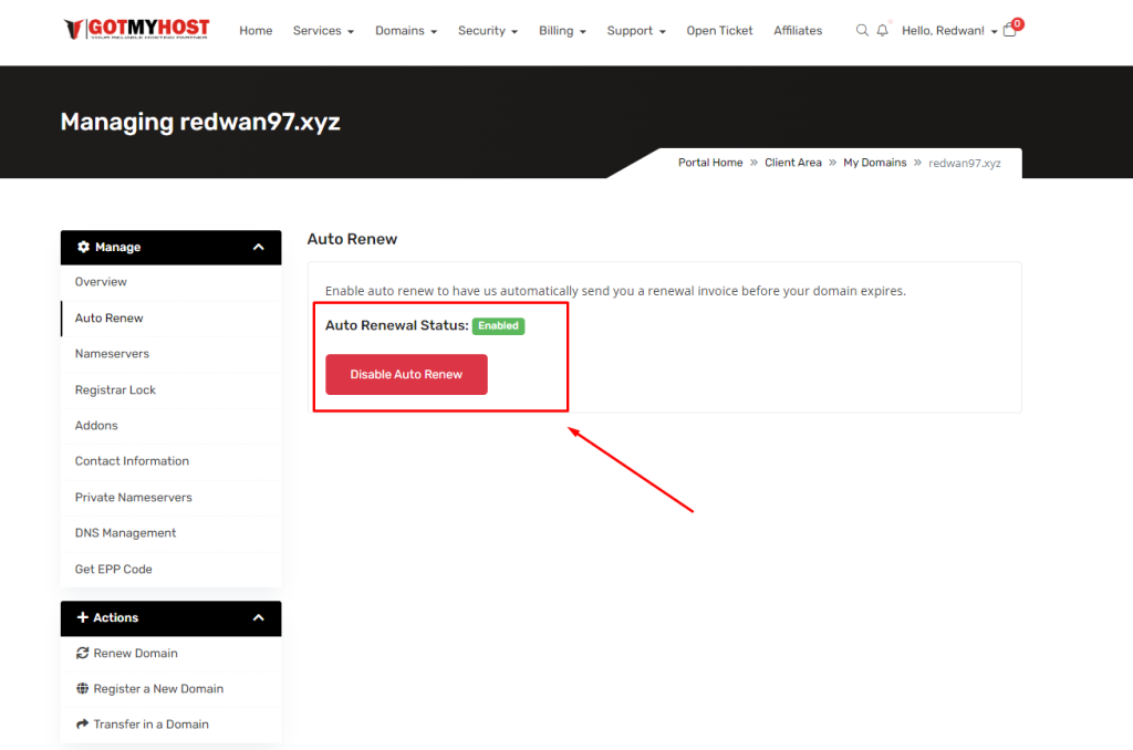Enable & Disable Domain Auto-Renewal Service in the client area | | Gotmyhost