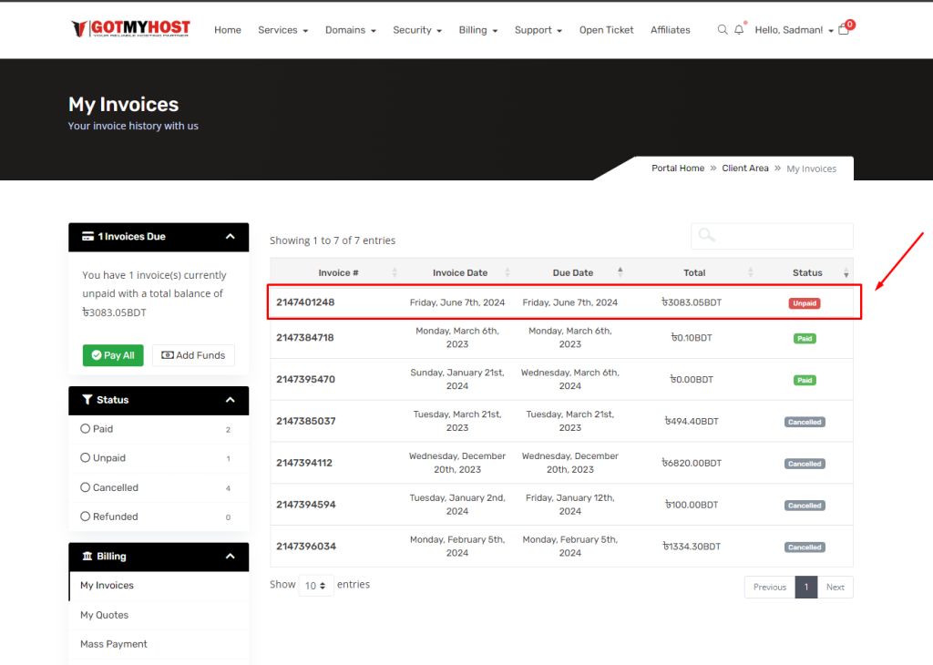 How to pay Due Invoice from Client Area Gotmyhost | | Gotmyhost
